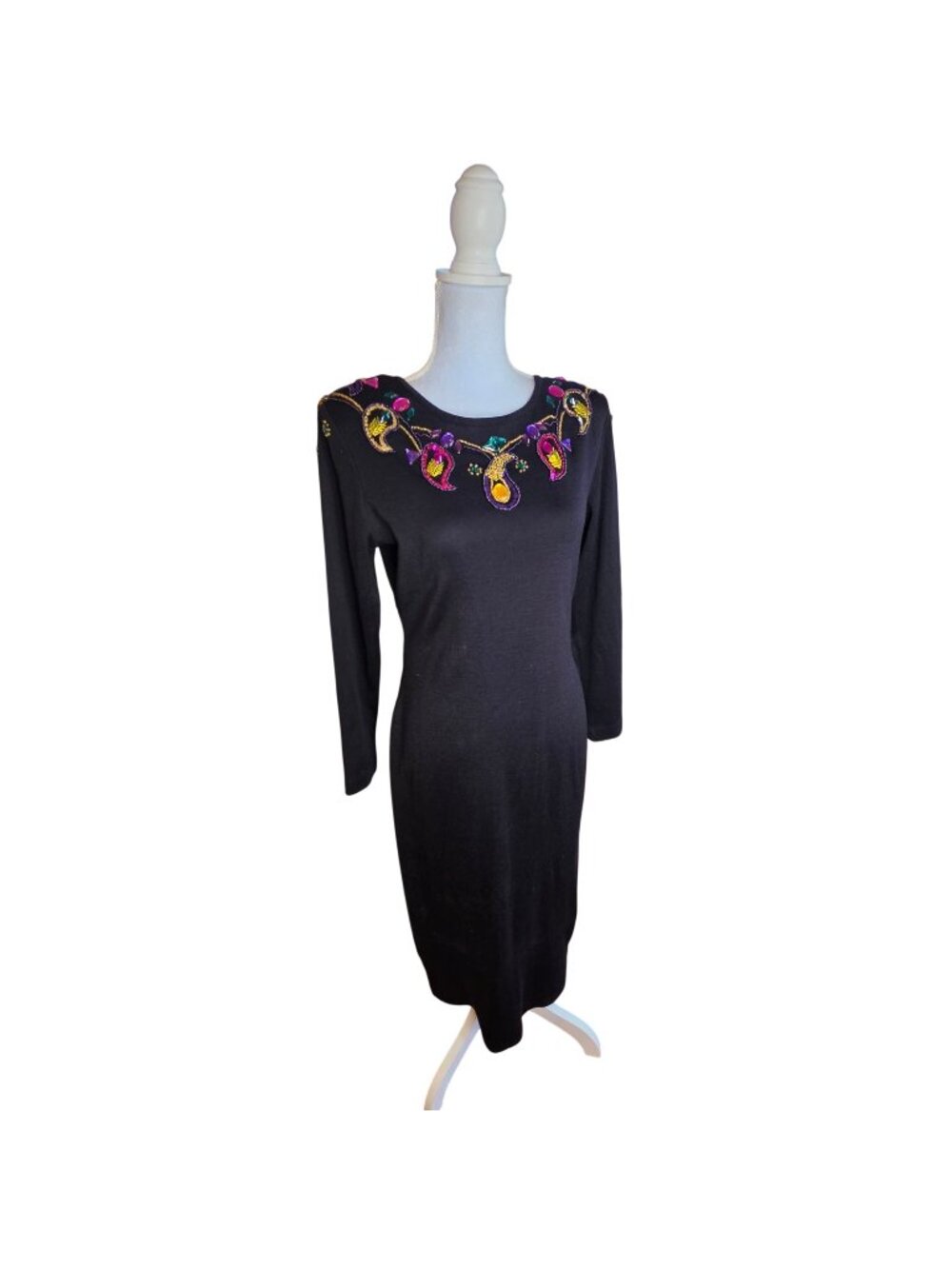 Vintage 80s Black Knit Dress Beaded Floral Long Sleeve Mardi Gras Party Sz M